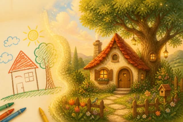 孩子画的蜡笔小屋，被 AI 变成温暖的绘本插画