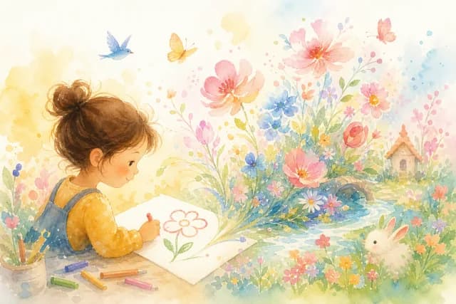 孩子画的小花，被 AI 变成水彩花园